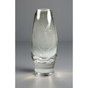 Hadeland Glassverk Norway Etched Glass Vase Wheat Heavy 6" Nordic Vintage